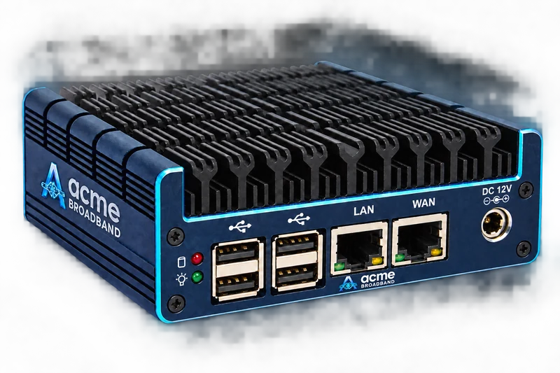 ACME Headend Server, three-quarter view showing LAN, WAN, USB and 12 V DC connections